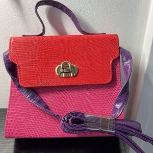 Mundi Color-Block Lizard-Embossed Satchel Handbag Red Fuchsia Purple New